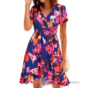 Floral V-Neck Wrap Dress with Ruffled Hem, Midi Length, Lightweight Polyester